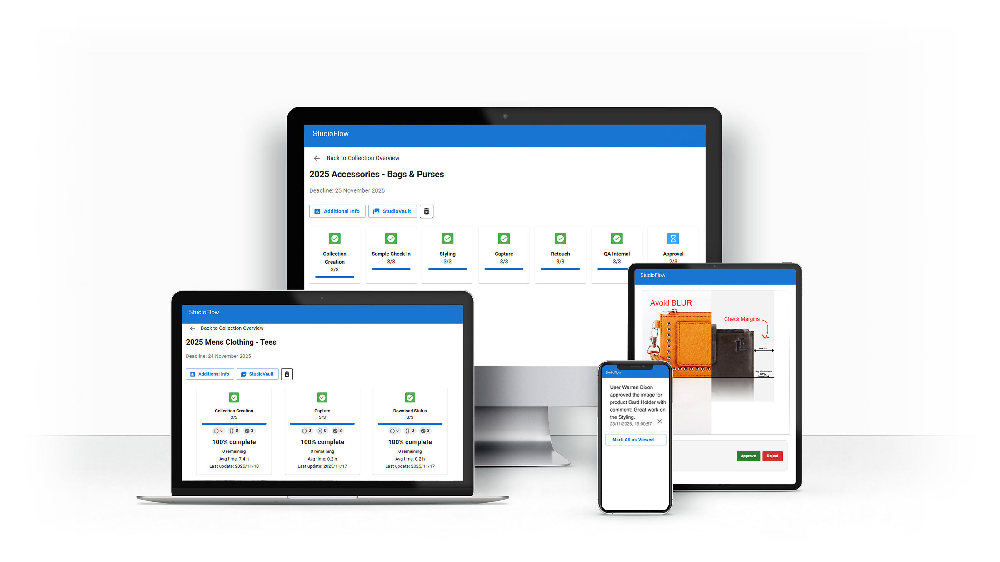 StudioGo workflow shown across desktop, tablet, and mobile devices
